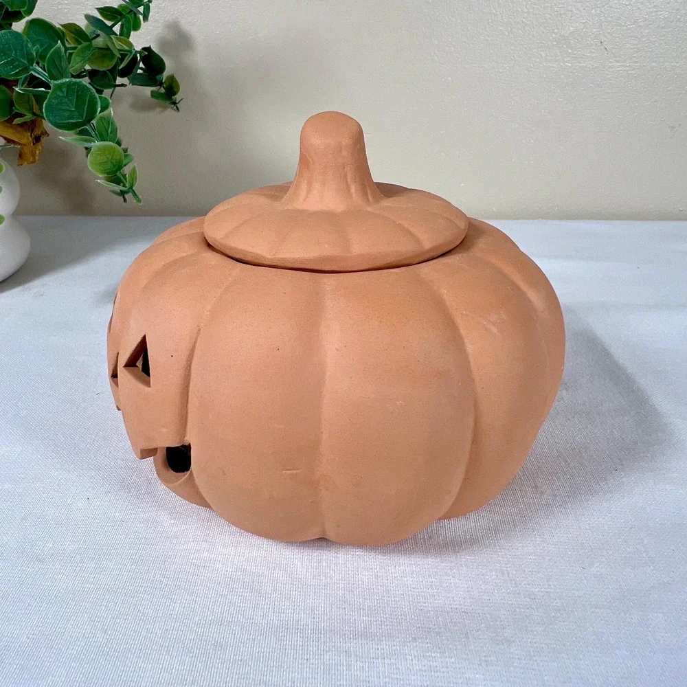 Small Vintage Terracotta Unglazed Pumpkin Jack-O-Lantern
